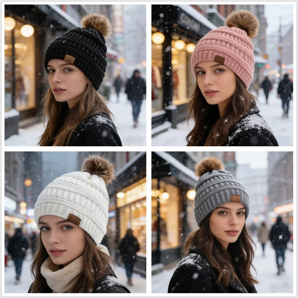 New Fashion Anti-Static Winter Hat Satin Thermal Faux Fur Pompoms Beanies Hat Women Girl Outdoor Chic Hats
