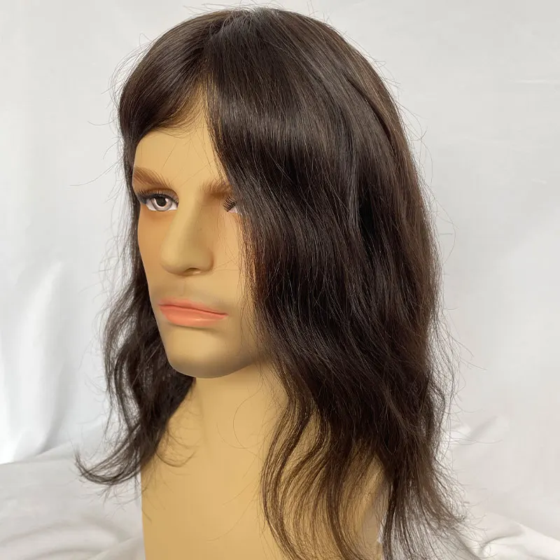12 zoll Männer Perücken Volle Haut Pu Basis Lange Menschliches Haar Männer Toupet Natürlichen Haaransatz Männer Toupet Gerade Wellenförmige 8x10 3 # Brauner Farbe – Detail 4