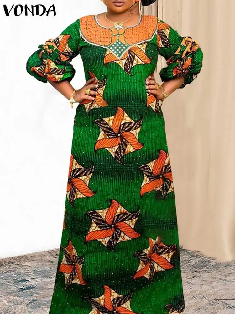 

VONDA Women Party Maxi Dress 2024 Bohemian Printed Long Dress Casual Loose Lantern Sleeve Vintage Party Vestido Robe Femme
