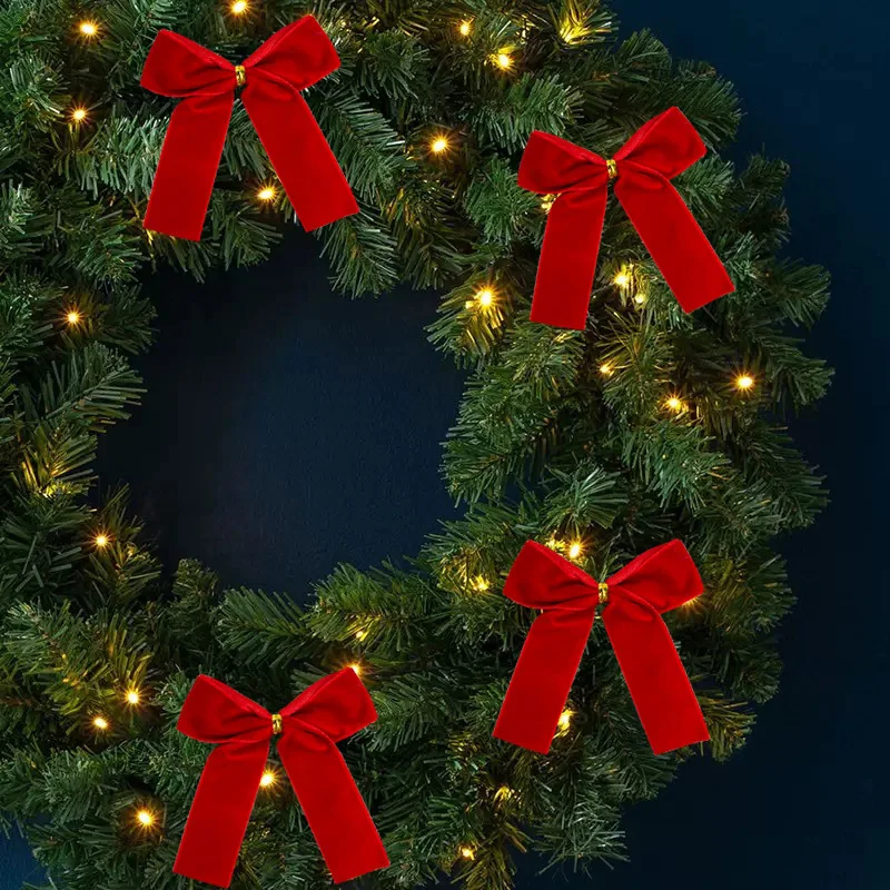 48-12PCS Burgundy Velvet Bows for Christmas Tree Decorations Wreath Garland Velvet Bows with Twist Tie 2025 Xmas Gift Decor