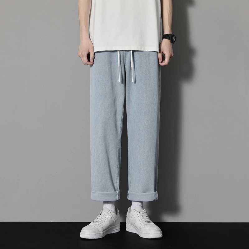 CAAYU 2023 Casual Baggy Jeans Men's Korean Streetwear Fashion Hip Hop Straight Wide Leg Trousers Couple Casual Pants Light Blue