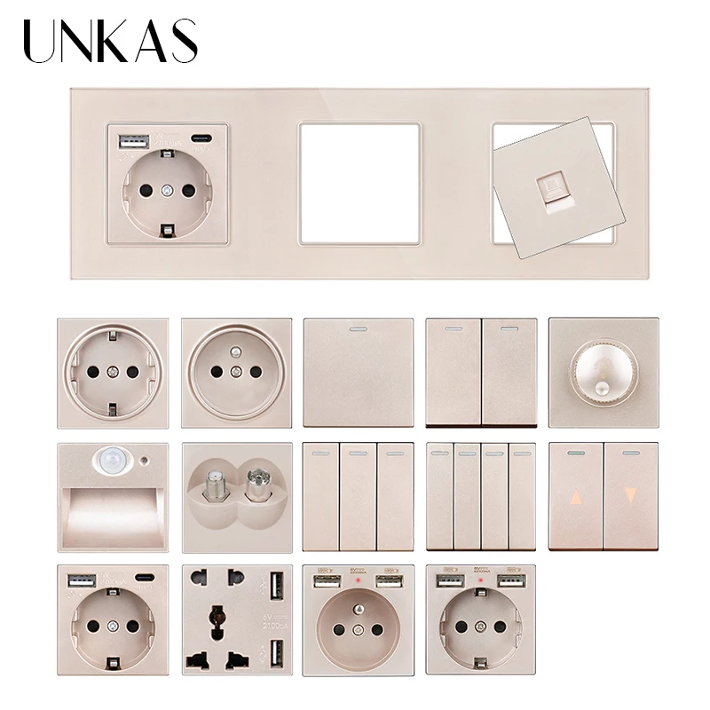 

UNKAS Gold Glass Panel Modules DIY Matching Combination Free French EU Socket Dual USB Footlights Curtain Dimmer Outlet