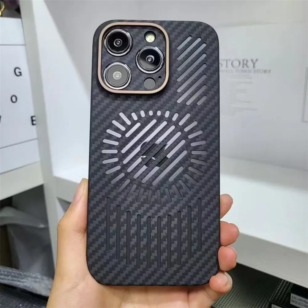 Genuine Carbon Fiber Case for iPhone 14 Pro Max 14Pro Ultra Thin Light Radiating Heat Dissipation Hollow Metal Ring Armor Cover