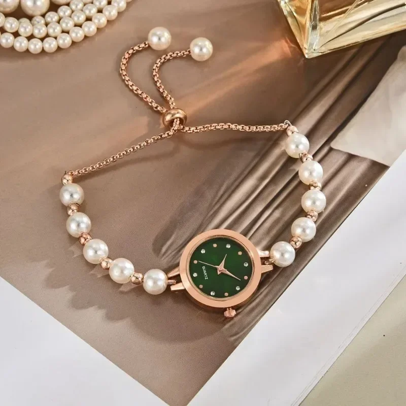 New Vintage Pearl Bracelet Women's Quartz Watch Adjustable Strap Watch Luxury Gold Small Dial Ladies Wristwatch