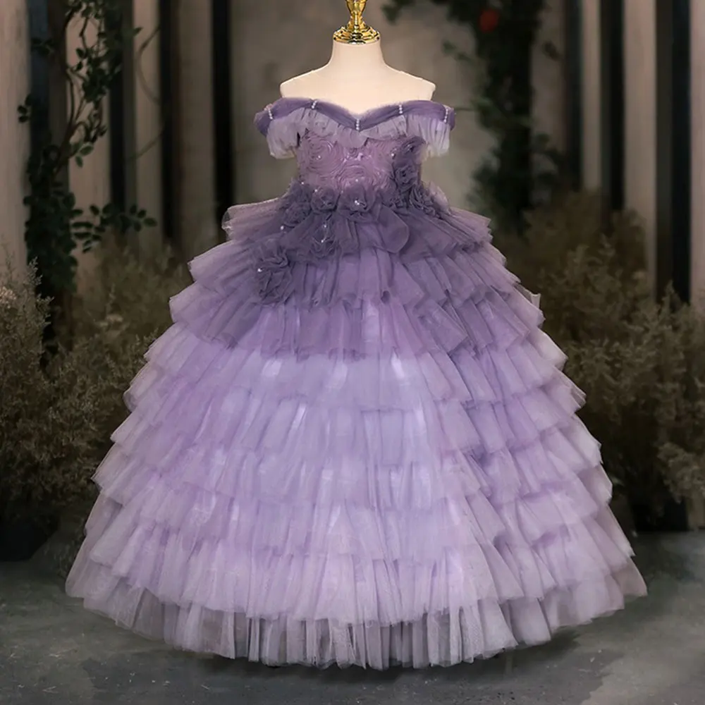 

Jill Wish Elegant Lilac Dubai Girl Dress Pearls Tiered Arab Princess Kids Wedding Birthday Party Long Ball Prom Gown 2024 J140