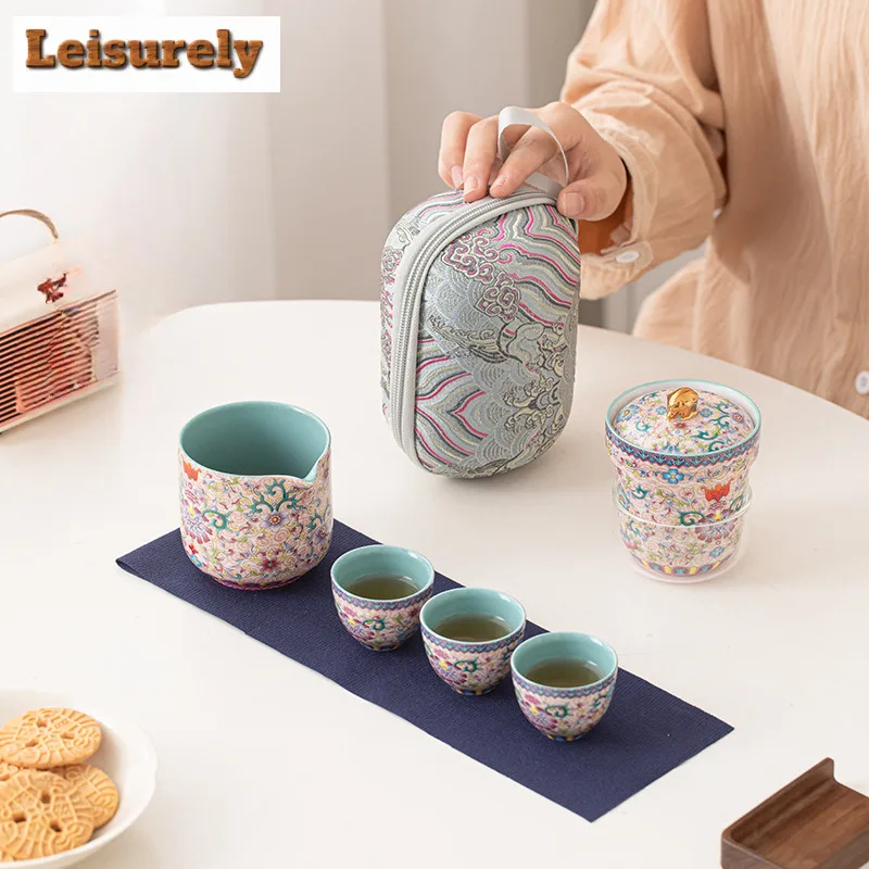 Chinese Enamel Color Travel Tea Set Kit Luxury Set Of Cups 1 Pot 3 Cups Tea Maker Separation Tea Set Portable Stock Bags Craft