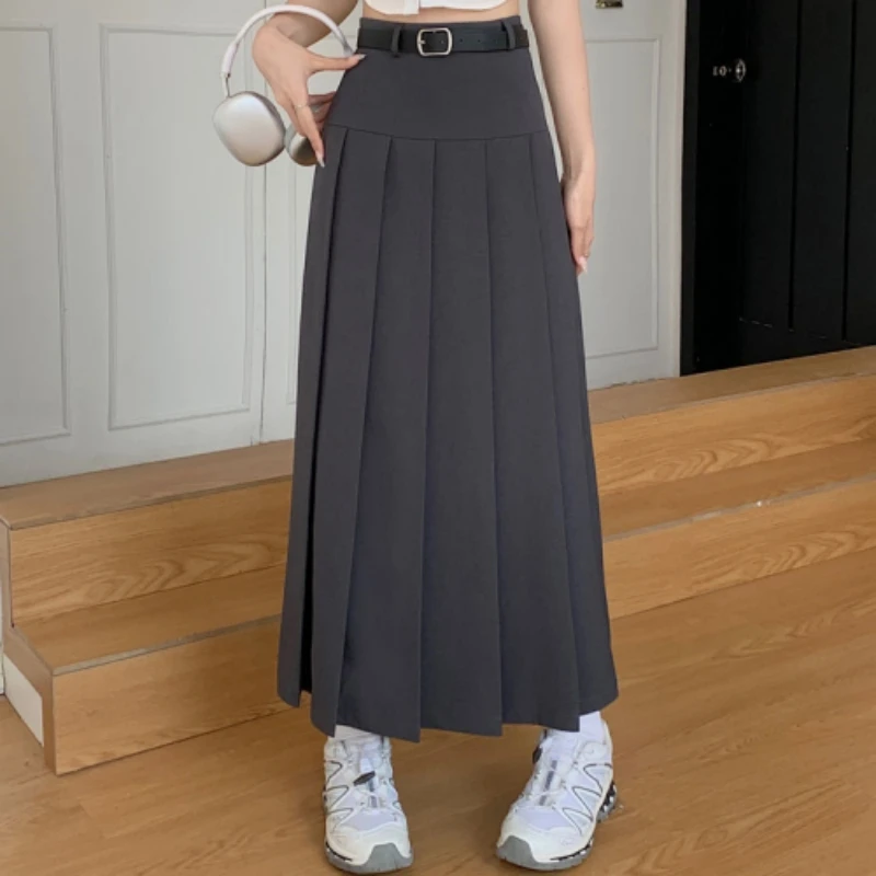 

2023 Spring Long Suit A Line Skirt Design Sense Niche Thin High Waist Pleated Female Clothing Send Belt Free Shipping