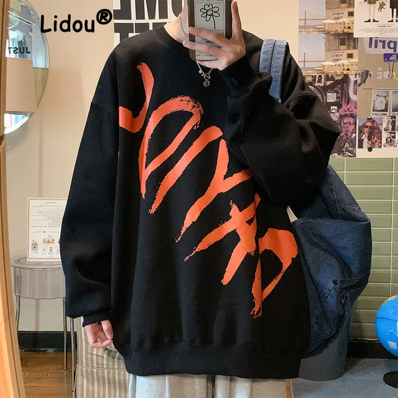 

Casual Printing Letter Man Black Sweatshirts New Long Sleeve High-quality O-collar Loose Street Clothes Fashion All-match Top