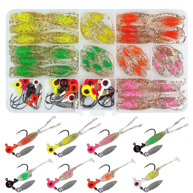 55/48Pcs Crappie Lures Jigs Heads Kit Soft Fishing Baits with