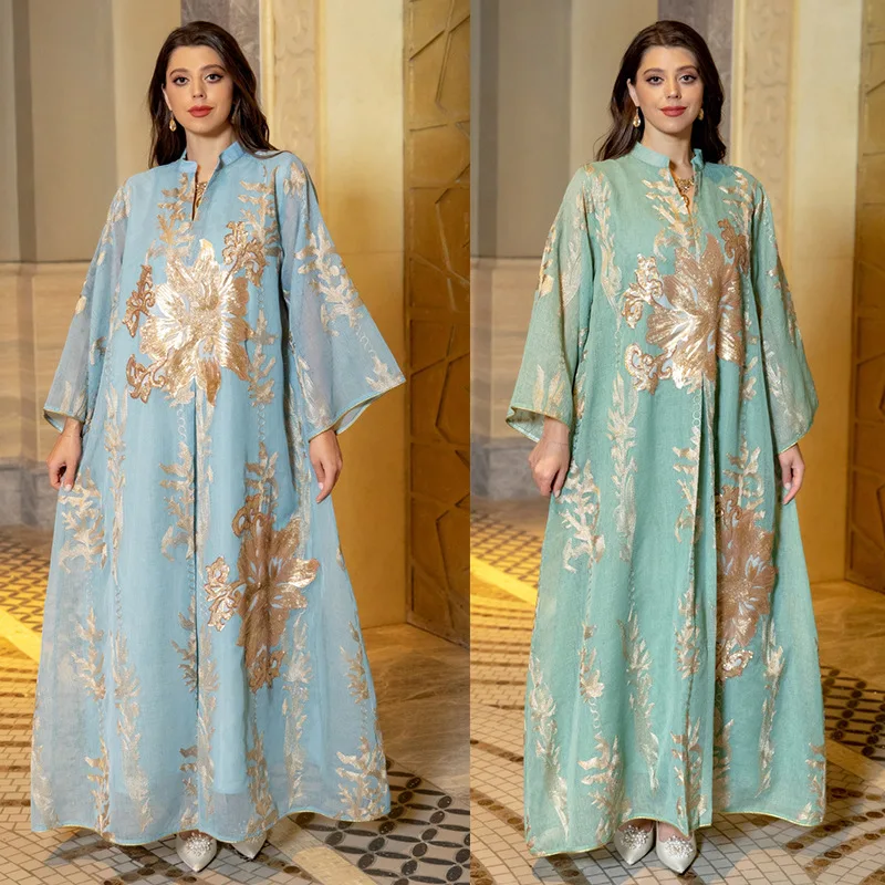 Sequins Embroidered Abaya Dress For Women Moroccan Kaftan Turkey Arabic Jalabiya White Islamic Ethnic Robe 2023 Eid New