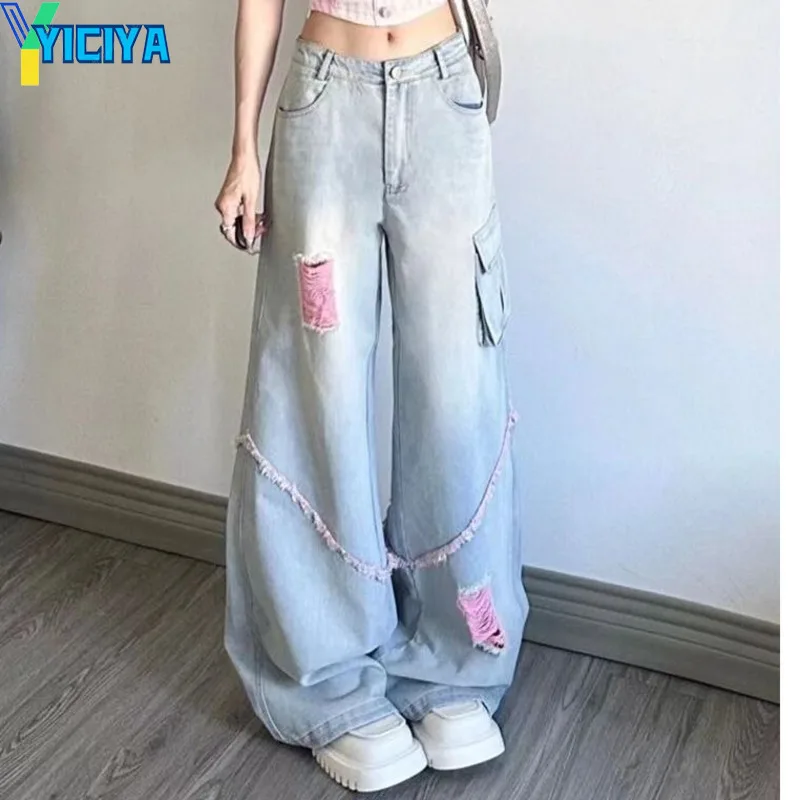 

YICIYA Overalls Jeans hole multiple pockets y2k pants jean American Women's New High Waist baggy Wide legged Pant Trousers 2023