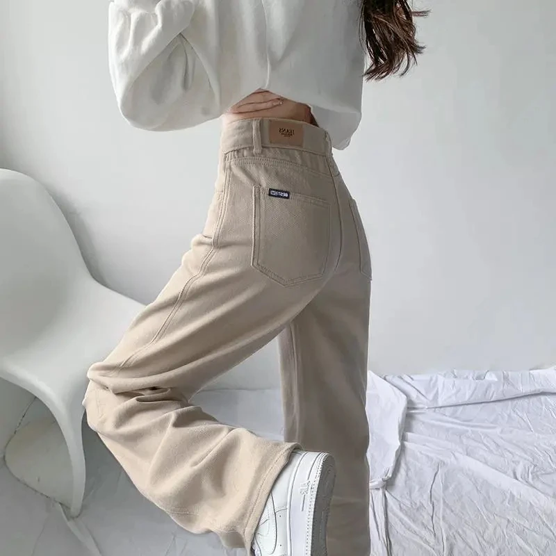 2022 Trend Casual Khaki Women's Jeans Y2K Woman High Waist Pant Streetwear Straight Wide Leg Pants Korean Fashion Trousers