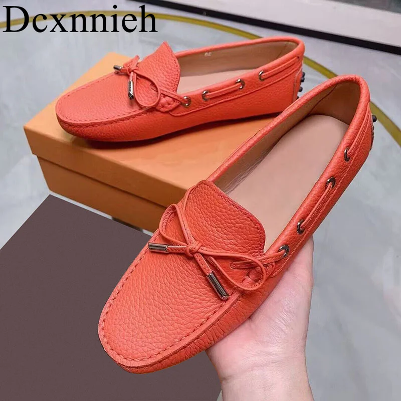 

New Round Toe Genuine Leather Butterfly knot Decor doudou Shoes Women's Shallow Mouth Loafers Spring Autumn Soft Sole Flat Shoe