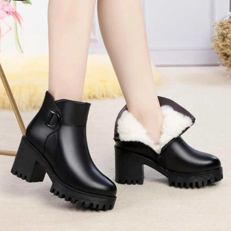 AIYUQI Booties New Genuine Leather Platform Heel Riding Boots Horse Wool Warm Winter Women Fashion High Heel Boots Banquet