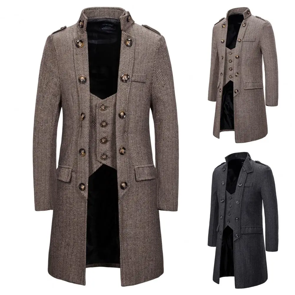 Men Outwear Coat Stand Collar Dressing Washable Fake Two Piece Patchwork Trench Coat Popular