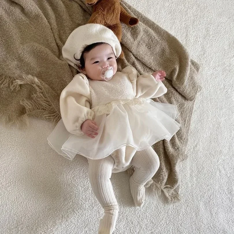 

Autumn Winter Toddler Girl Fashion Fleece Splicing Mesh Dress Bodysuit Baby Solid Plus Velvet Thick Princess Onesie + Cap 2pcs