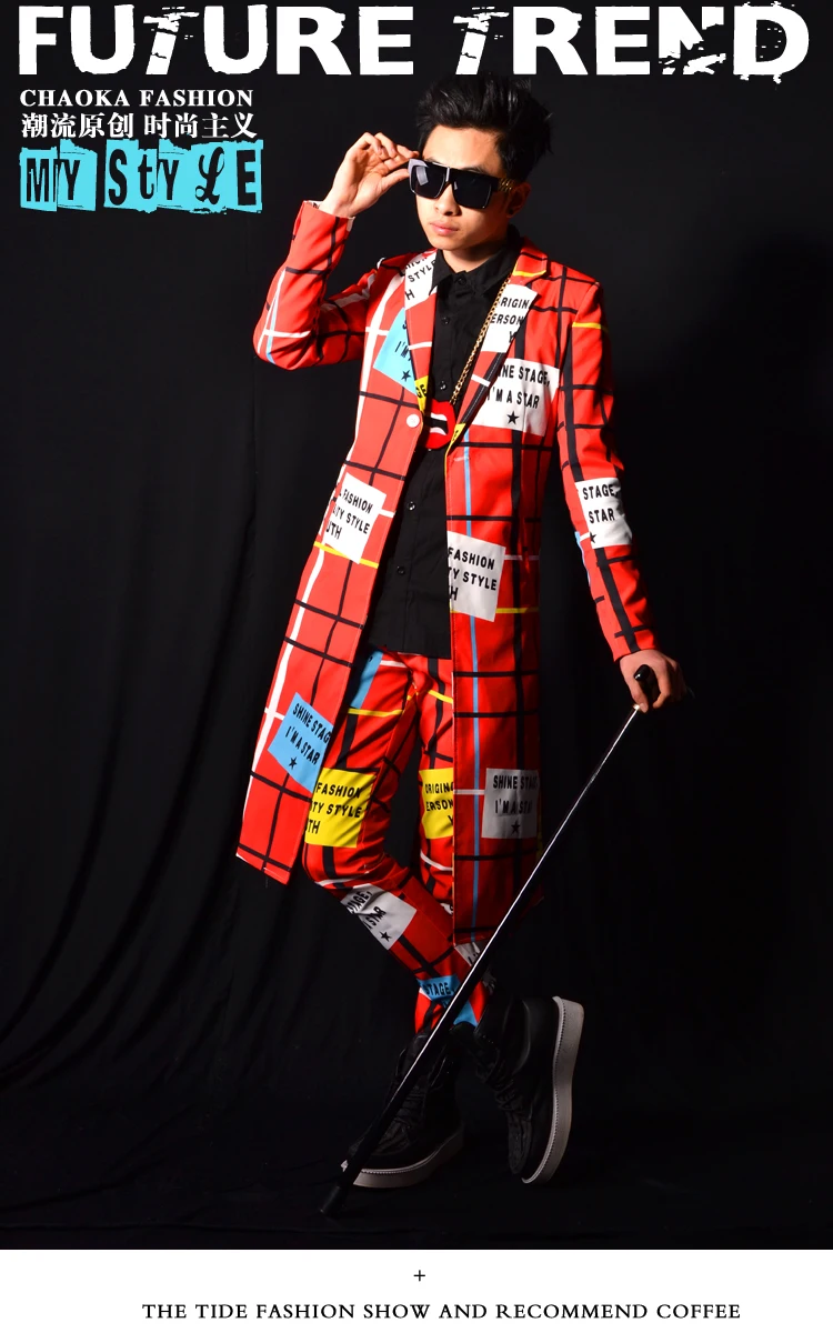 Men Suit Long Red Plaid Line Letter Patchwork Coat Pants Nightclub Male Singer DSDJ Bar Stage Performance Clothing Fashion Set