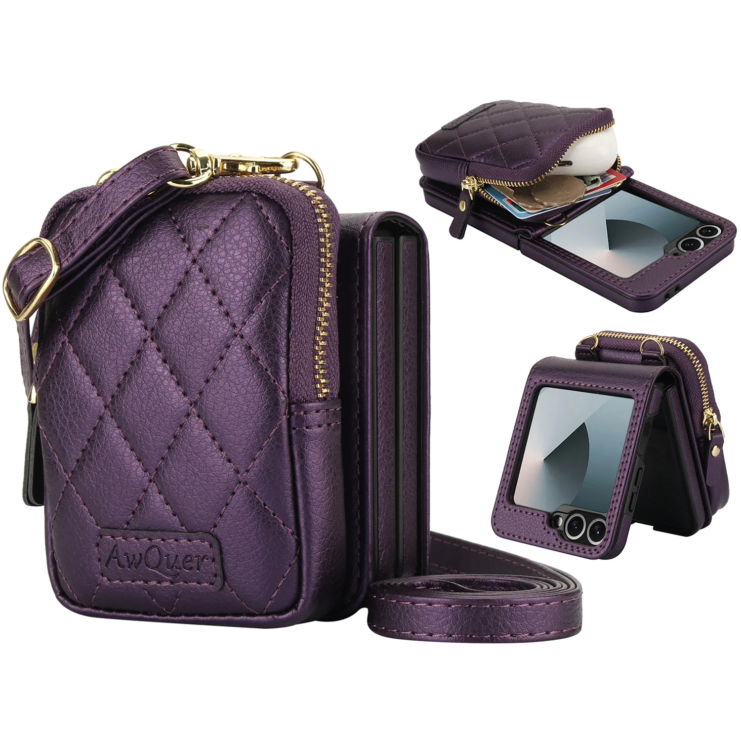 Luxury Crossbody Lychee Leather Wallet Case with Long Lanyard Protective Cover