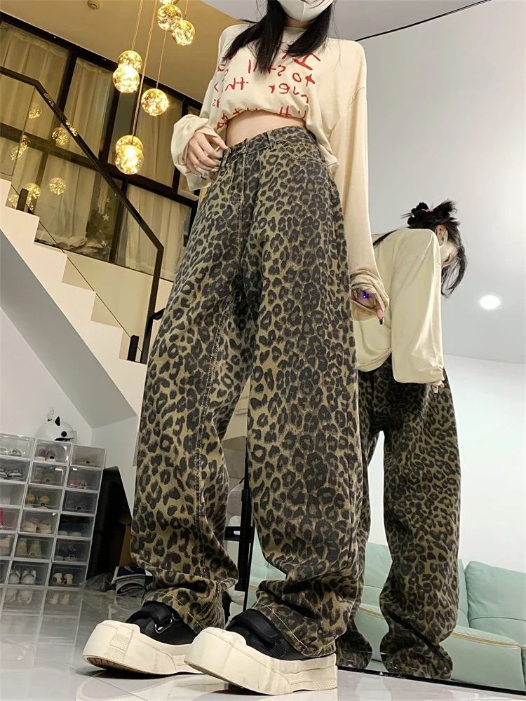 2024 Women's Style Leopard Print Denim Trousers American Vintage Street Style Jeans Casual Female High Waist Straight Pants