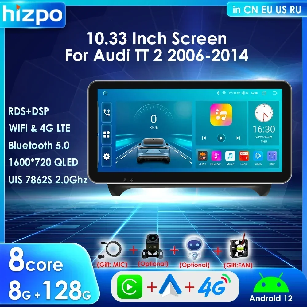 

HIZPO Android 12 Car Radio Multimedia Player for AUDI TT MK2 8J 2006 2007 - 2014 Carplay Screen Stereo GPS Navi Bluetooth RDS 4G