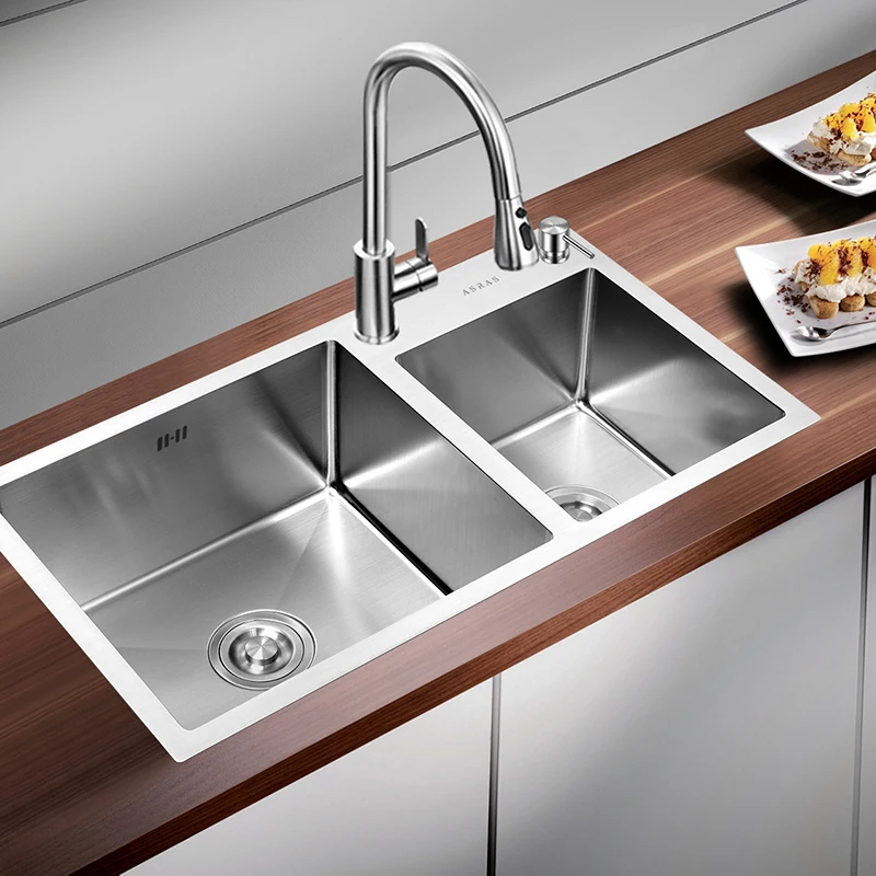 ASRAS 304SUS Stainless steel kitchen classic thick practical double basin sink, handmade 7843A 780-430mm