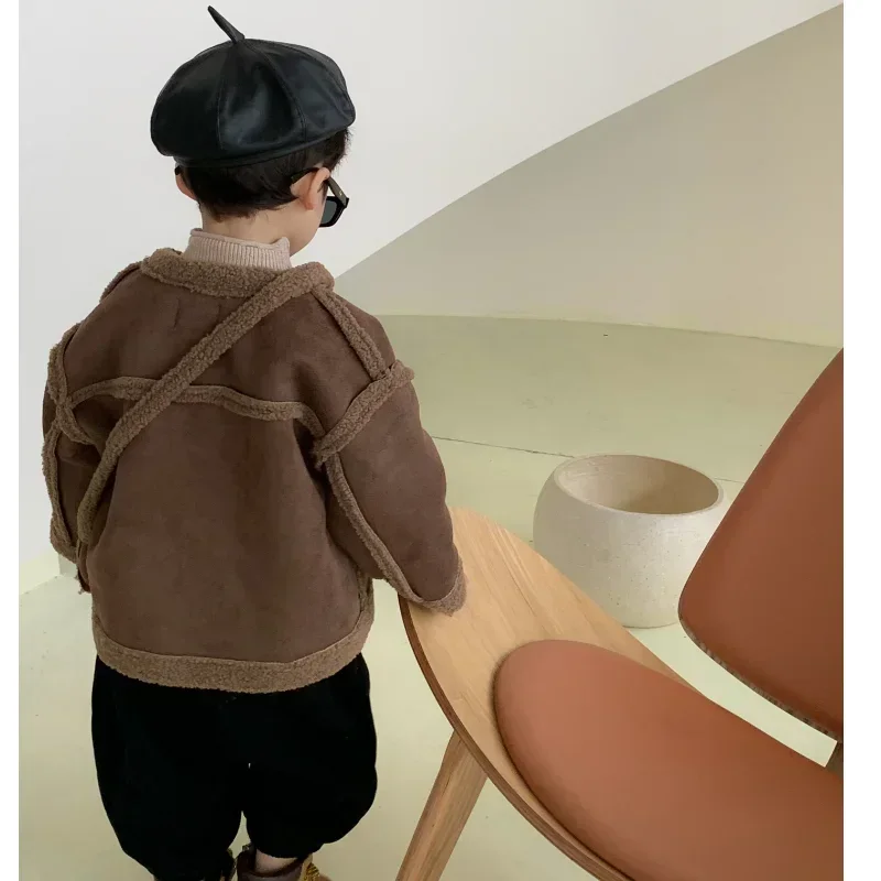 Children Velvet Warm Jackets with Bag Fashion Baby Kids Fleece Outwear Korean Boys Girls Zipper Thickness Suede Coat Winter