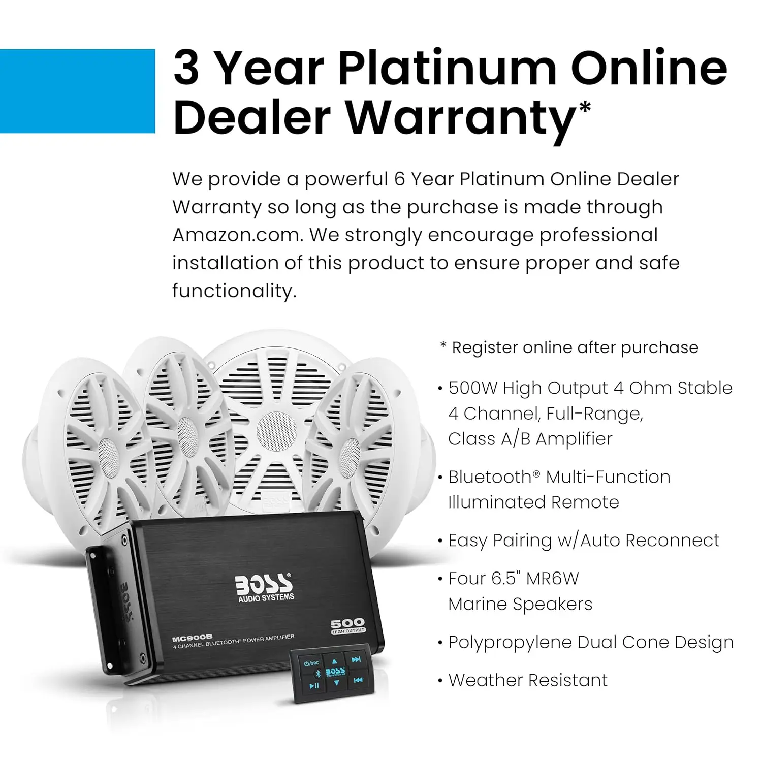 Audio Systems .64 Marine Boat 6.5 inch Speakers and 4 Channel Amplifier-500 High Output, Bluetooth Remote