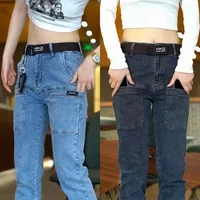 2024 New Brand Mens Casual Multiple Pockets Jeans Mid-Waist Elastic Straight Denim Trousers Versatile Loose Personality Pants 1