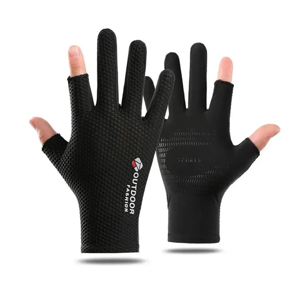 Men's Sun Protection Gloves Show Two Fingers Ice Silk Gloves Breathable Thin Mesh Sports Non-slip Cycling Mittens Fishing
