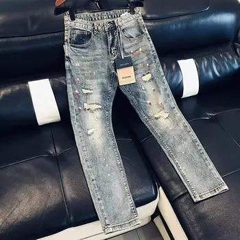 Trousers Light Blue With Holes Jeans For Men Tapered Male Cowboy Pants Torn Ripped Broken 2024 Trend Promotion Hot Kpop Harajuku 1