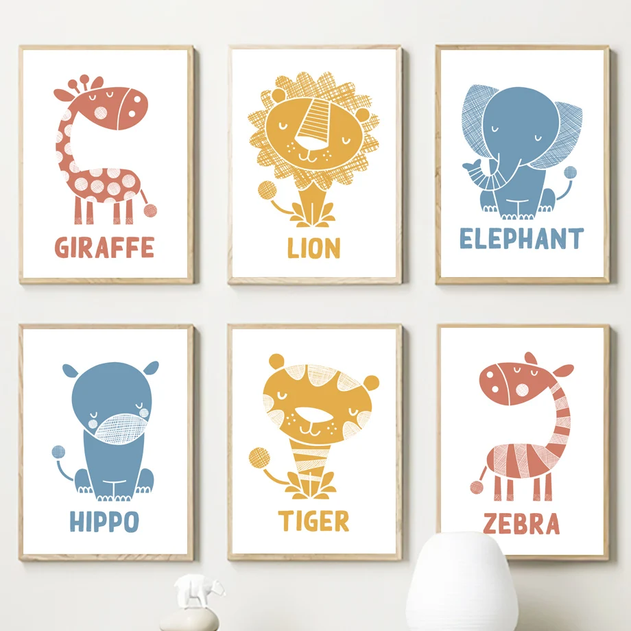 

Wild Jungle Animals Elephant Giraffe Lion Tiger Wall Art Posters Prints Nordic Canvas Painting Cartoon Pictures Kids Room Decor