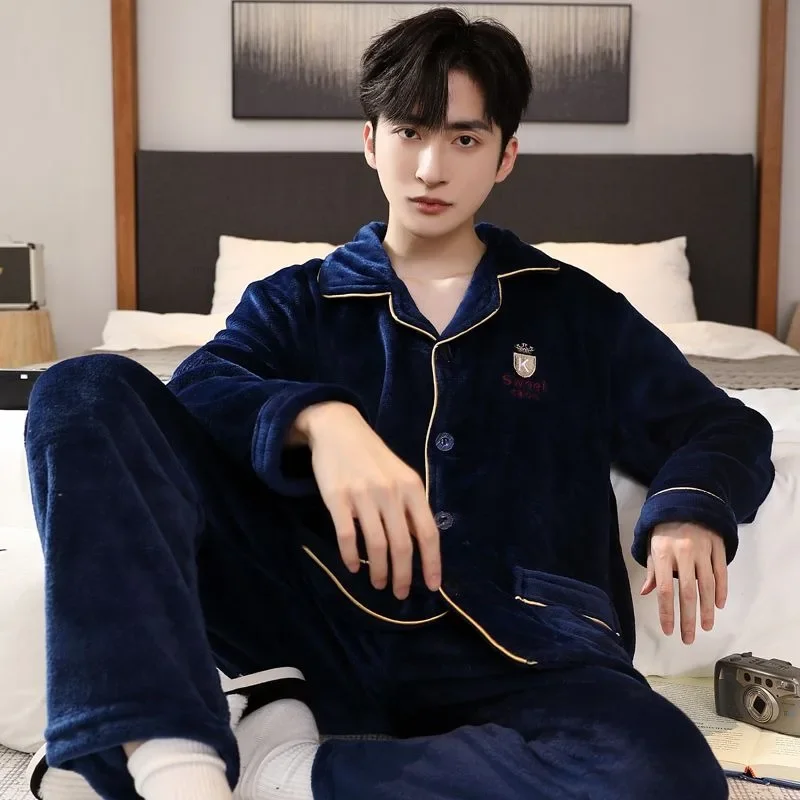 2024 New Men Pajamas Autumn Winter Warm Homewear Young People Can Wear Flannel Sleepwear Thicken Loose V-neck Warm Loungewear