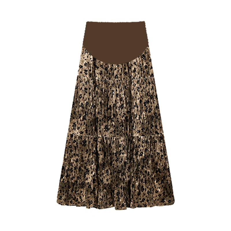 Autumn Winter Pregnant Woman Luxury Skirts Vintage Leopard Printing Long Loose Maternity Pleated Skirt Velour Fishtail Skirts