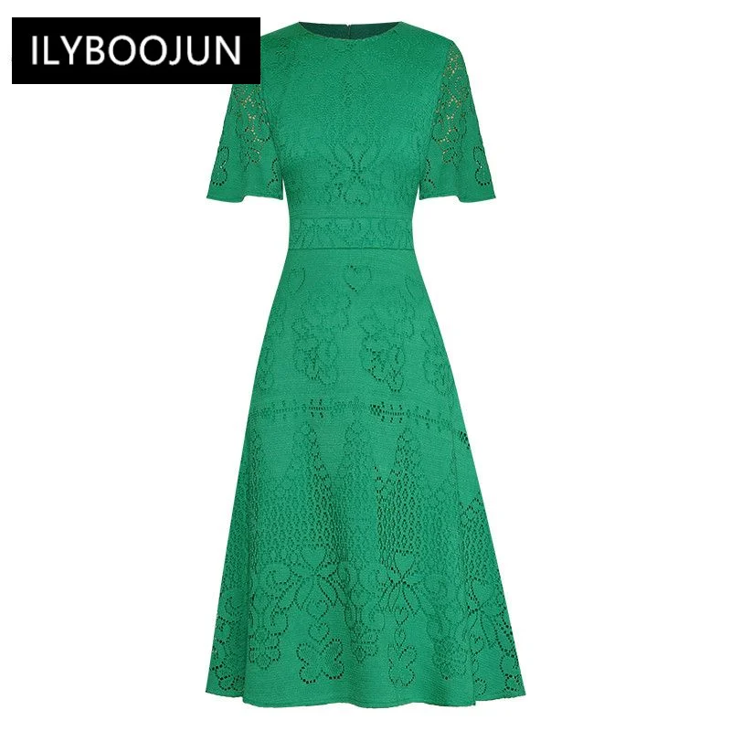 

Fashion Designer dress Summer Women's Dress Short Sleeve Hook Flower Hollow Embroidery Big Swing Dresses