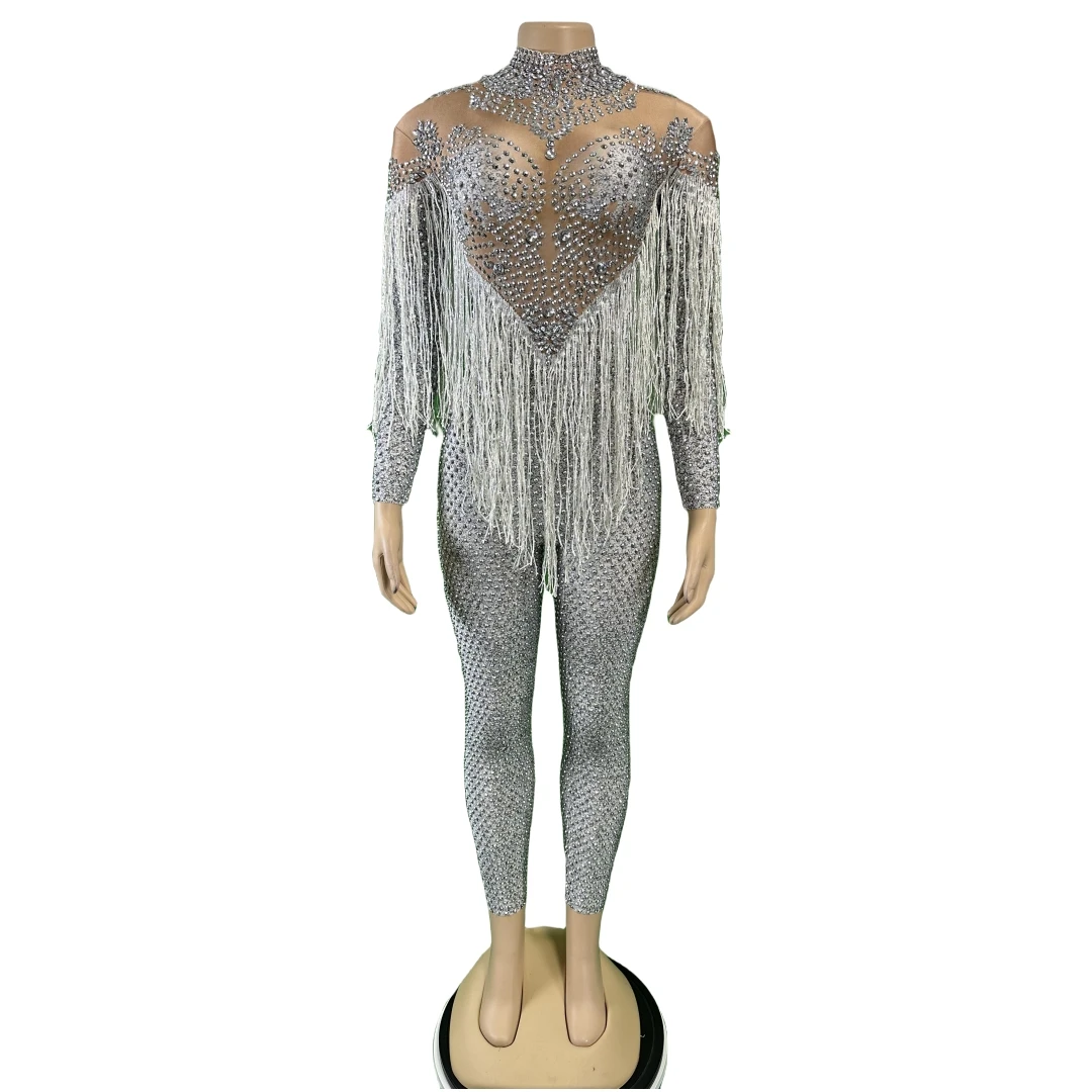 

Stunning Full Rhinestone Fringe Silver Jumpsuits For Women Stretch Spandex Night Clubbing Las Vegas Show DJ DS Gogo Stage Wear