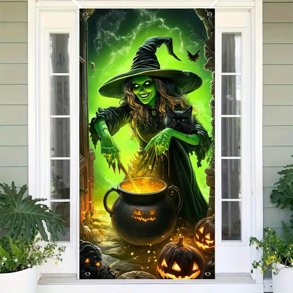 2D-Türbanner, Halloween-Geist, Halloween-Hexen-Türbanner mit schwarzer Katze, Partydekoration aus Polyesterfaser, vielseitig einsetzbar – Detail 6