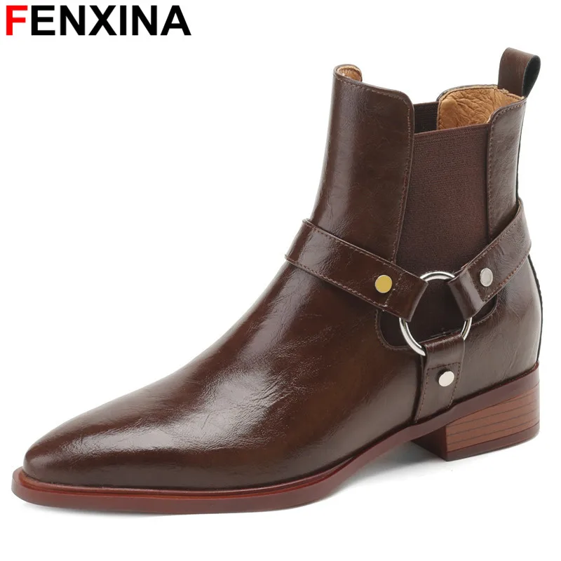 

FENXINA Size 34-40 Genuine Leather Slip On Chelsea Boots Square Med Heels Women Boots Ladies Pointed Toe Ankle Winter Boots