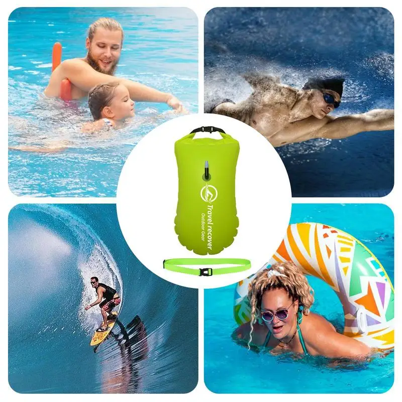 Inflatable Open Swimming Buoy Tow Float Dry Bag Double Air Bag with Waist Belt for Water Sport Swimming Storage Float Tools