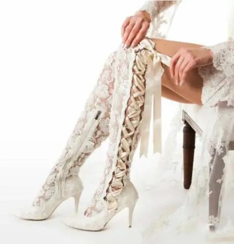 

Beige White Floral Lace Mesh Ribbons Bandage Over Knee Boots Woman Prom Ball Kitten Heel Thigh High Wedding Bride Botas Shoes
