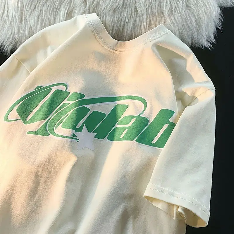 

Korean street ins trendy brand letter printed T shirt cotton personality hip hop y2k men women loose round neck half sleeved top