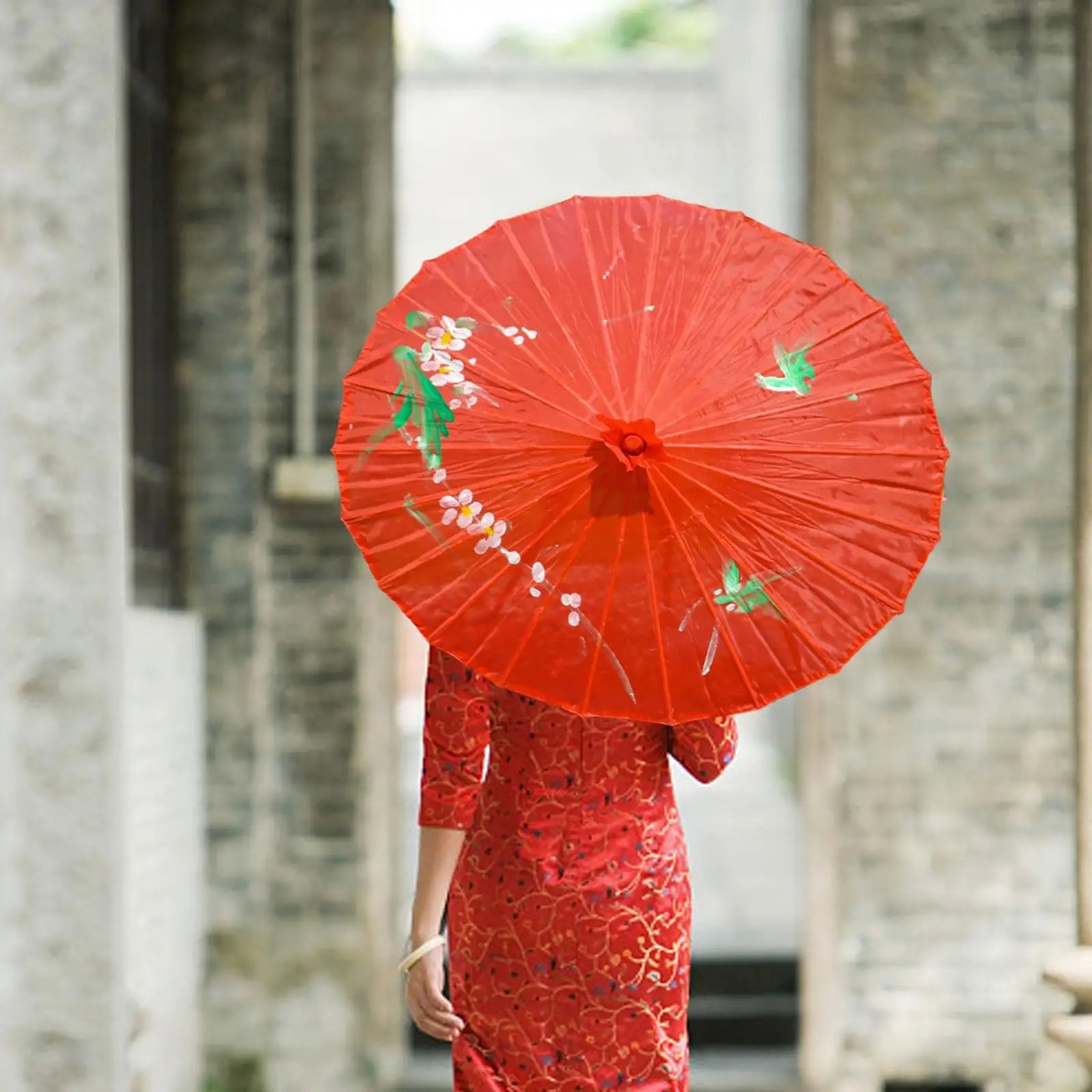 Paper umbrella Vintage Chinese Silk Oil Paper Umbrella Red Flower Bamboo Handle Wedding Decor Photo Parasol Dance Props Red