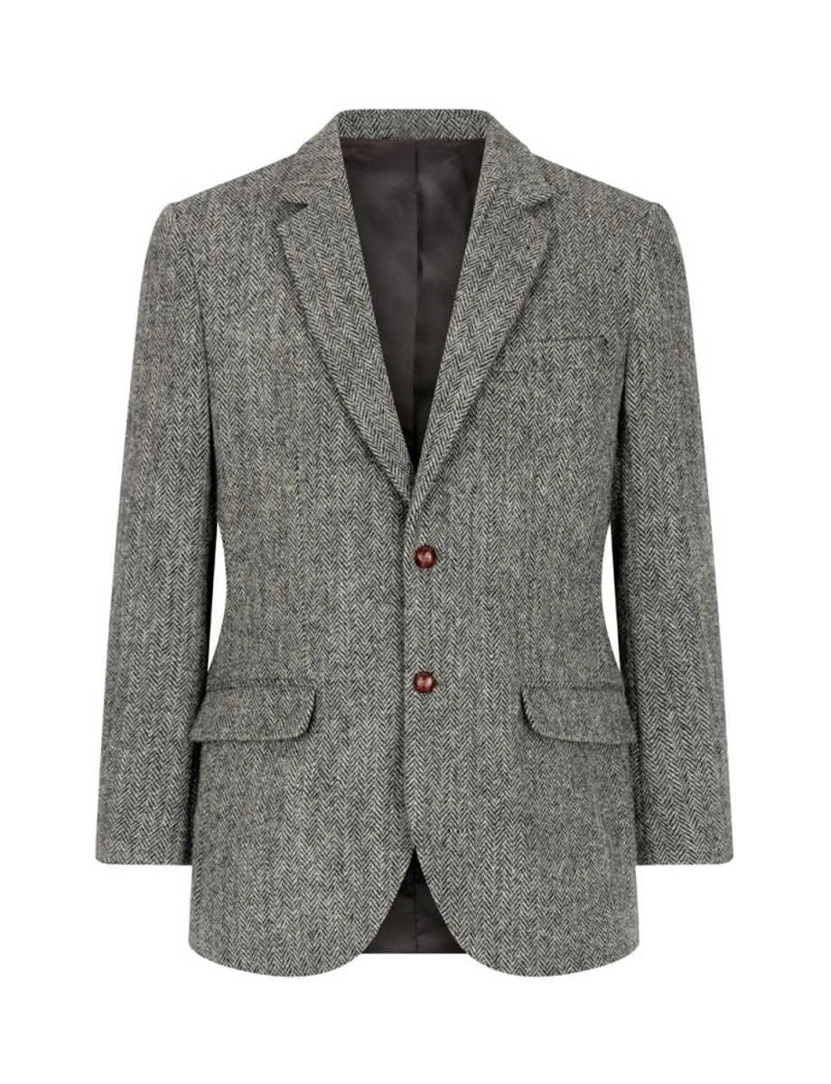Gray Wool Tweed Winter Suit Blazer Single Breasted Notch Lapel Herringbone Jacket Formal Fashion for Wedding/Business Outwear