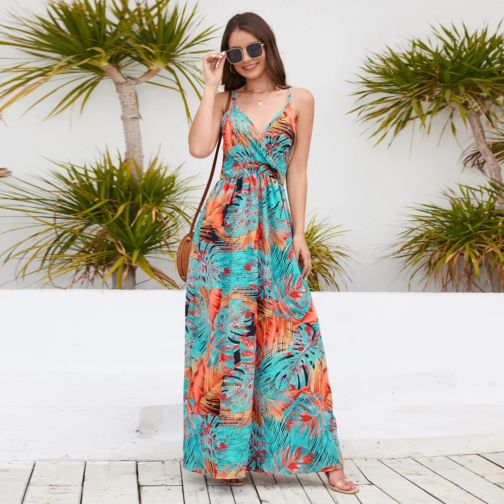 

2023 New Bohemian Print Floral Long Dress Women Sleeveless Sexy V-neck Backless High Waist Strap Maxi Dresses Party Club Vestido