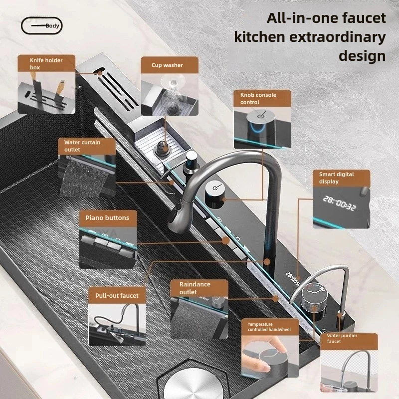 Waterfall Kitchen Sink Stainless Steel Extra Large Single Slot Cup Washer Embossed Digital Display Multifunctional Sinks 2