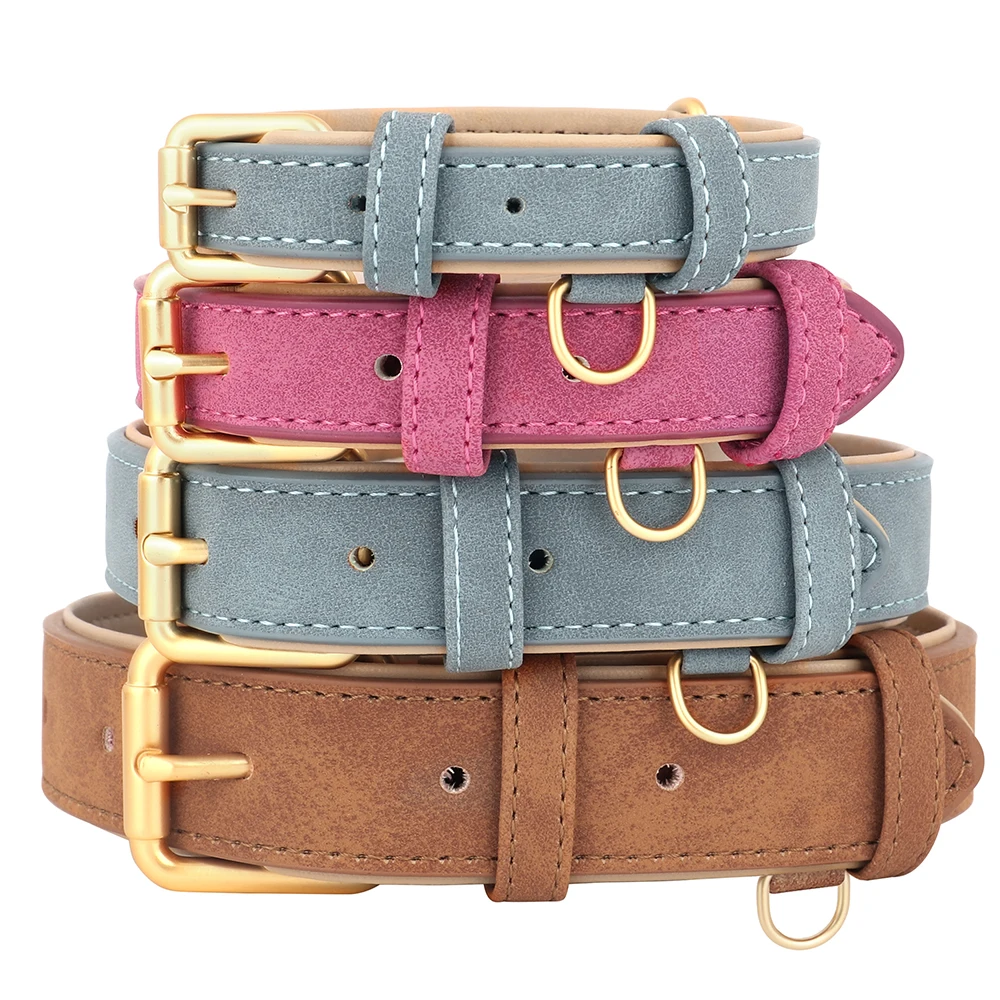 Dog Collar Leather Soft Padded Adjustable For Small Medium Large Dogs Pug Pet Necklace