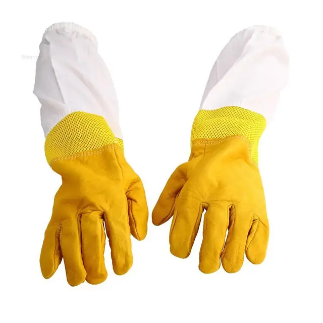 1Pair Méhészet Kézi Szúrás És Szúrásgátló, Megvastagodott Sárga Báránybőr Kiterjesztett Lélegző Méhészeti Védőkesztyű - Image 2