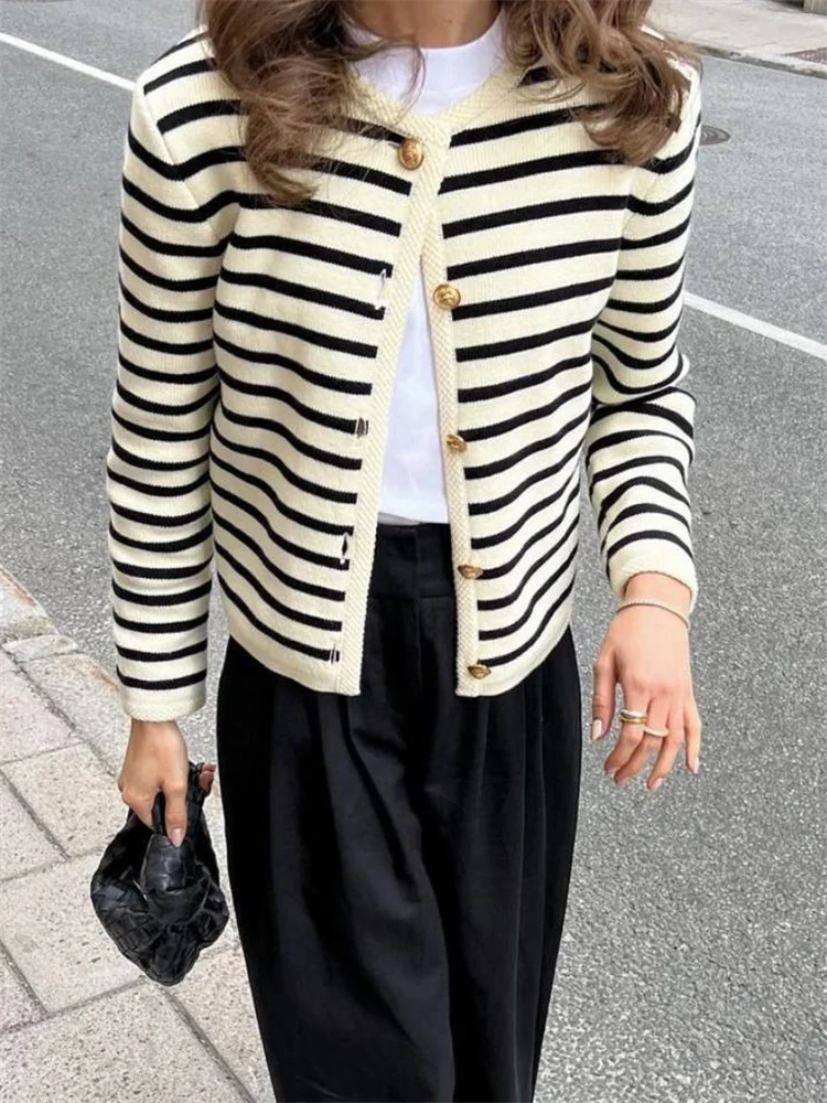 Suéter de punto a rayas, cárdigan, abrigo para mujer, suelto, de manga larga, a la moda, ajustado, con parches en contraste, prendas de vestir exteriores, abrigo de punto de verano