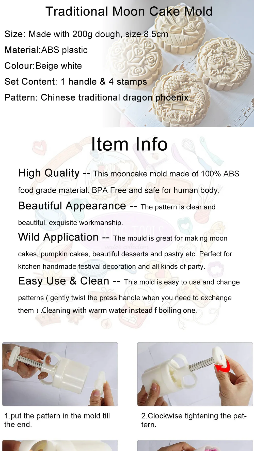 Description Picture 2 of item4Pcs/Set 200g Chinese Traditional Big Gram Moon Cake Mold Love Lotus Fish Dragon Dessert Pastry Stamp Hand Press Plunger Bakewar