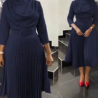 Elegant Office Dress Pleated for Women Professional Round Neck Full Sleeve Belt Waisted Mid Calf Formal Business Work Dress New - Image 5