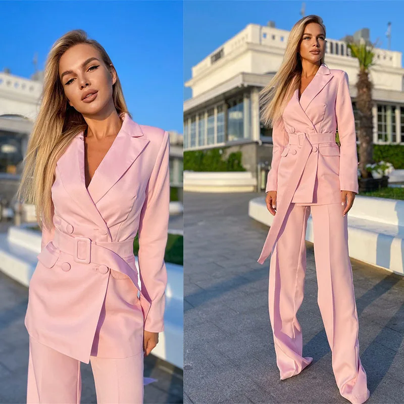

Pink Double Breasted Women Suits Set Tie Waist Blazer+Pants Formal Office Lady Prom Dress Costumes Jacket With Belt Custom Made